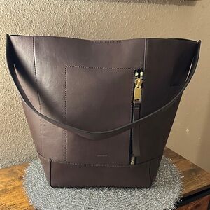 All Saints Burgundy Leather Alba Hobo Bag with Gold Hardware